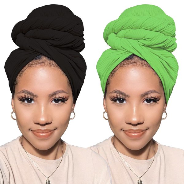 PWEOUKE 2 Pcs Soft Head Wraps for Women Stretch African Head Scarf for Dreads Locs Solid Color Long Breathable Knit Turban Tie Headbands