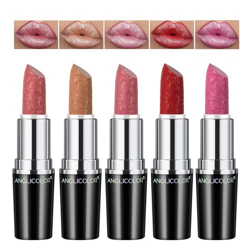 Anglicolor 5pcs Glitter Lipstick High Impact Lipcolor,Lipstick Moisturizing Creamy Formula,Metallic Lipstick For Women For Vegan & Cruelty-Free,Full-Coverage Lip Color (#B, 5PCS)