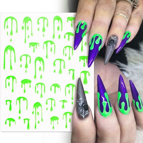 12 Sheets Halloween Nail Art Stickers Bloody Nail Decals 3D Self-Adhesive Nail Art Supplies Gold Water Drop Fluorescence Nail Stickers Halloween Nail Designs for Halloween Party Decoration