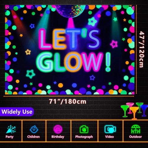 6x4ft Neon Let's Glow Party Backdrop Colorful Photography Background Glow in The Dark Party Supplies, Neon Party Decorations for Kids Birthday Supplies (71 x 47 Inch)