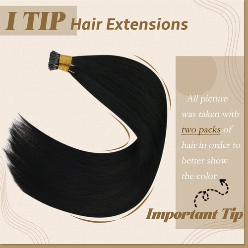 YoungSee Itip Human Hair Extensions Black 20Inch I Tips Hair Extensions Real Human Hair Black I Tip Extensions Jet Black I-Tip Hair Extensions Real Human Hair Natural Pre Bonded Hair 1g/s 50g