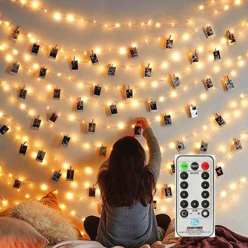 MZD8391 Dimmable 50 Battery-Powered Photo String Lights with Remote Control for Hanging Pictures, Cards, Memos - Warm White