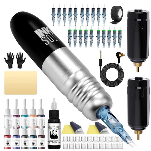 Tattoo Pen Kit, Tattoo Gun Kit with Tattoo Power Supply and 20 Pcs Tattoo Cartridge Needles, Tattoo Kit Tattoo Supplies for Beginners (Silvery)