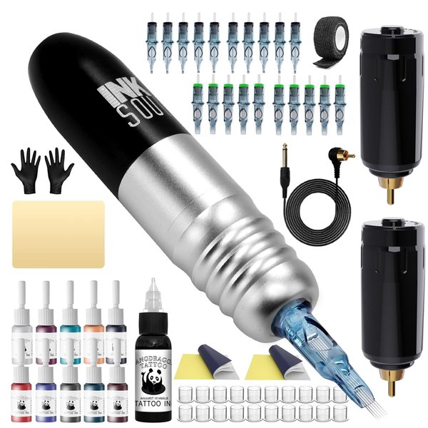 Tattoo Pen Kit, Tattoo Gun Kit with Tattoo Power Supply and 20 Pcs Tattoo Cartridge Needles, Tattoo Kit Tattoo Supplies for Beginners (Silvery)