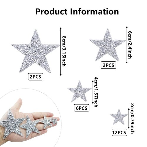 22 Pieces Star Iron on Patches Rhinestone Applique Silver Adhesive Hot Glue Star Shape Glitter Crystal Patches for Clothing Repair, Jeans, Bags, Hats and DIY Accessory