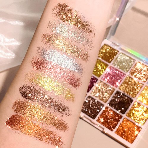 CHARMFORYOU 16 Colors Sequins Eyeshadow,Body Powder Pressed Gold Brown Eyeshadow makeup plate For Women Girls Halloween Festivals Cosplay (01)