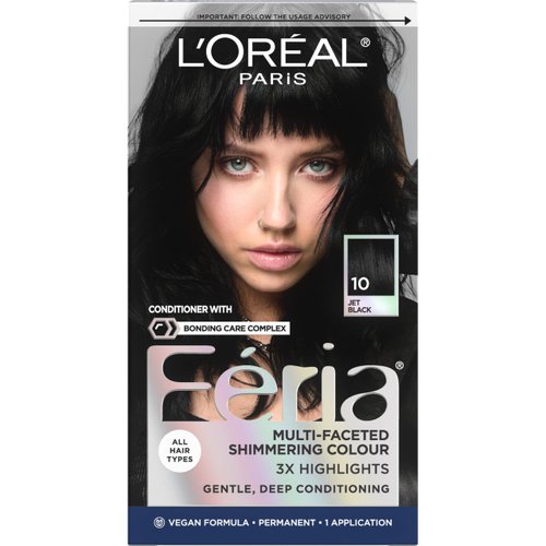 L'Oreal Paris Feria Multi-Faceted Shimmering Permanent Hair Color, High Intensity Hair Dye for 3X Highlights, 10 Jet Black (Blackest Black), 1 Hair Dye Kit