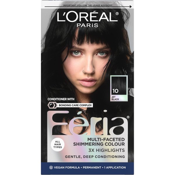 L'Oreal Paris Feria Multi-Faceted Shimmering Permanent Hair Color, High Intensity Hair Dye for 3X Highlights, 10 Jet Black (Blackest Black), 1 Hair Dye Kit