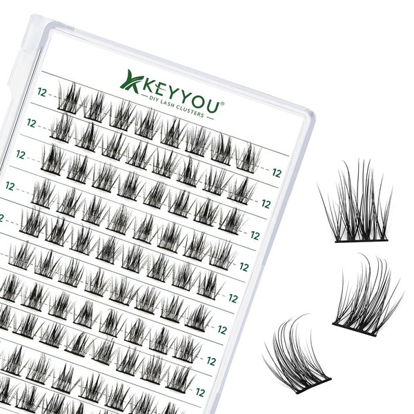 Lash Clusters 96pcs Individual Lashes D Curl 12mm Eyelash Clusters KEYYOU Volume Wispy Lash Extension Soft&Comfortable Easy DIY at Home(Y15,D-12mm)