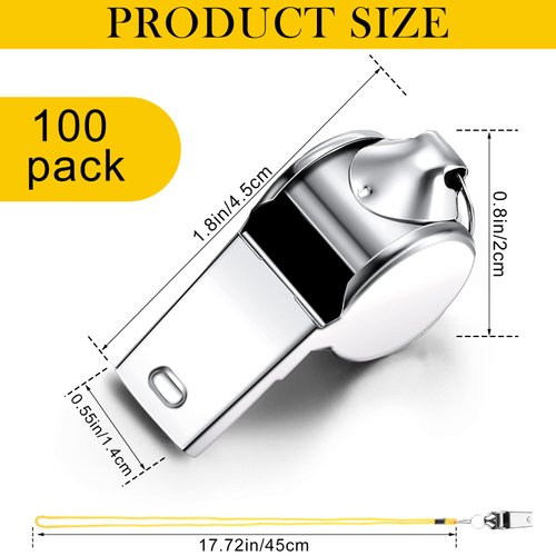 Kingdder 100 Pcs Metal Referee Whistle Bulk for Coach Whistles for Adults with Lanyard Stainless Steel Sports Whistle Emergency Loud Sound Whistle for Teachers Polices School Sports (Yellow)
