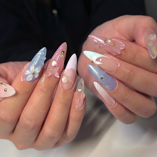 Tyuimhx 3D Waves Press on Nails Medium Almond Fake Nails French Tip False Nails With 3D Butterfly Flowers Pearls Designs Full Cover Stick on Nails Acrylic Artificial Nails for Women Girls 24Pcs