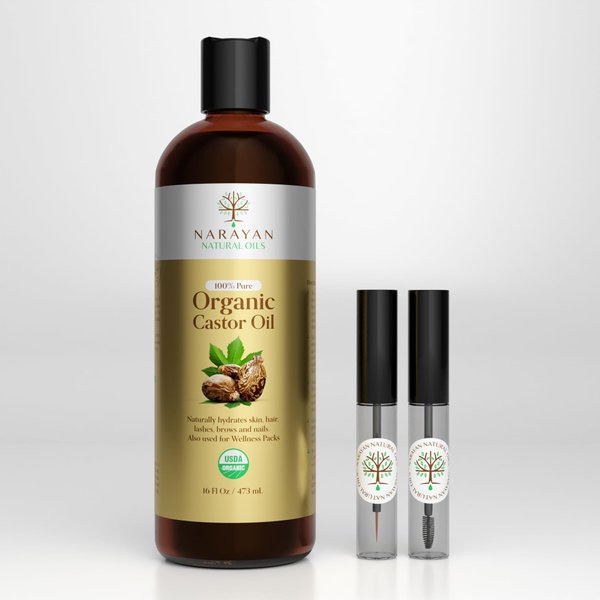 Narayan Organic Castor Oil (16 Fl Oz) — USDA Certified Natural Hexane Free Cold Pressed Castor Oil for Hair Growth, Eyelashes, Eyebrows & Skin — Cruelty-Free Hair & Body Oil — Includes Beauty Kit