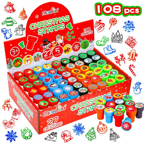 Max Fun 108Pcs Christmas Assorted Stamps for Kids Christmas Party Favors Supplies Christmas Goodies Bags Stuffers Christmas Stocking Stuffers Classroom Game Reward Prizes(Christmas Stamper)