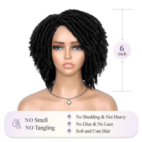 WIGER Dreadlock Wig Short Faux Locs Twist Wigs For Black Women Afro Braided Curly Synthetic Wigs For African American Women Daily Party Use（6 inch,1B)