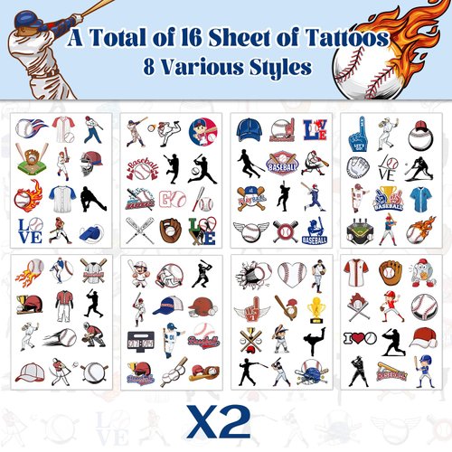 192 PCS Baseball Temporary Tattoos Stickers, Baseball Party Favors Supplies Sport Baseball Birthday Party Decorations for Kids Boys Girls Classroom Rewards, 16 Sheets