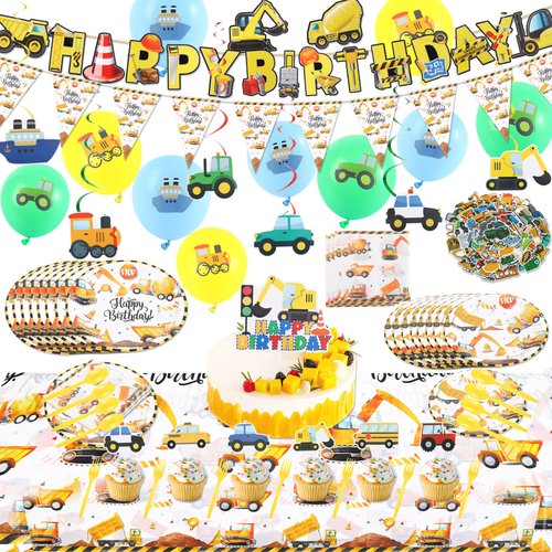 Constructions-Themed Birthday Party Kit - 156 PCS Decorations with Balloons, Cake Toppers, Stickers & More.