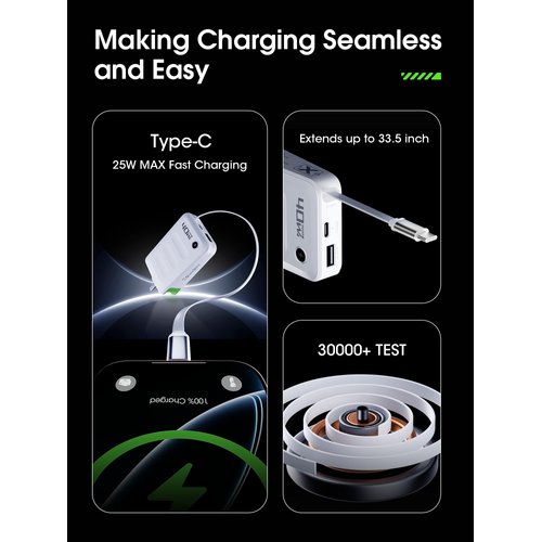 Hohosb Retractable USB C Charger Block,40W PD Fast Charging Blocks with Retractable Type C Cable and Dual Port Travel Charger,USB Charger Block with Foldable Plug for iPhone 16/15,Galaxy,Pixel-White