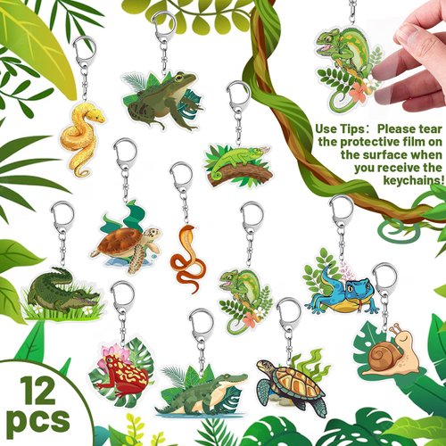Lcnjscgo Reptile Party Favors 12 PCS Acrylic Reptile Themed Key Chains Alligator Lizard Gecko Snake Turtle Snail Frog Chameleon Reptile Party Supplies Decorations Jungle Gift Classroom Prize for Kids