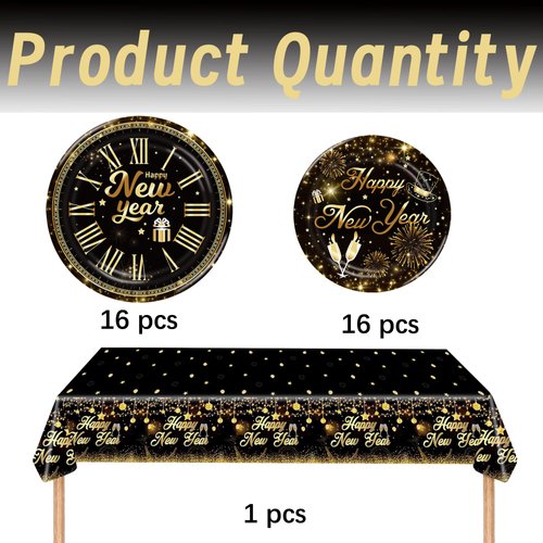 HABDJILTY Happy New Year Party Decorations Supplies-Happy New Year Plates and Tablecloth for New Year Celebration Disposable Dinnerware Parties Decoration