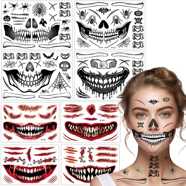Halloween Makeup Temporary Halloween Tattoos Stickers Prank Chucky Witch Fake Face Decals Zombie Makeup Scar Skeletons Cosplay Tattoos for Adults Women Girls Kids DIY Eye Mouth Clown Makeup Kit Party