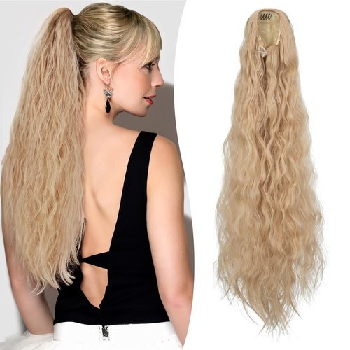 Benehair Ponytail Extension, 32 Inch Long Ombre Blonde Drawstring High Puff Ponytail Hair Extensions for Women, Curly Wavy Synthetic Hairpiece for Daily Use (32", 18/36A Brown Mixed Dark Blonde)