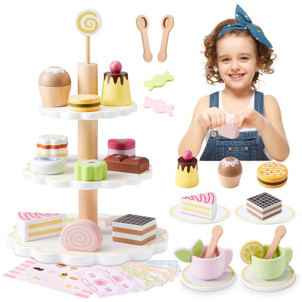 Wooden Tea Party Set for Little Girls, Ehome Princess Tea Time Toy Including Dessert Tray Cake, 31pcs Kids Dessert Toys Pretend Play for Girls Boys Age 1-6