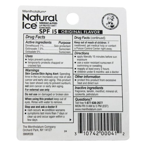 Mentholatum Natural Ice Lip Balm Original SPF 15 1 Each ( Pack of 2)