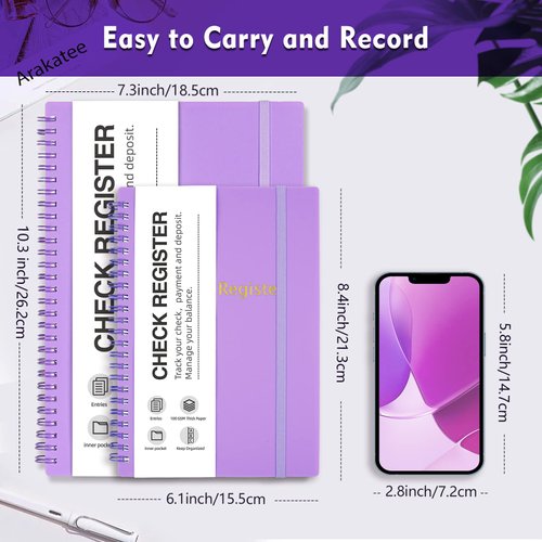 Check Registers for Personal Checkbook, Double Spiral Check Register Book, Budget Planner with Check Register for Personal and Work, 5.8'' x 8.3'' - Purple