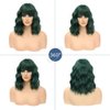 LOSMOEER Dark Green Wig with Bangs Short Wavy Wigs for Women Shoulder Length Curly Bob Wigs Heat Resistant Synthetic Wigs for Halloween Cosplay Daily Party Use