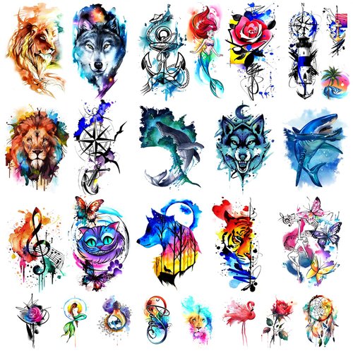 48 Watercolor temporary tattoos for adult and kids,Arm tattoo, body tattoo, watercolor lion wolf ...