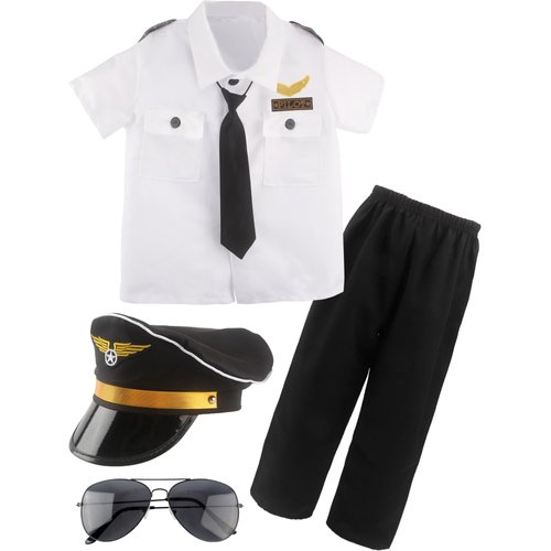 Children Pilot Costume Set Captain Uniform Dress Up for Kids Boys Halloween Cosplay Pretend Role Play Party