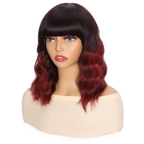 Apoze Short Wig With Bangs For Women,Synthetic Cosplay Bob Wigs,Curly Hair Wigs For Daily Party Use,Natural Looking Heat Resistant Shoulder Length Wig(Ombre Red Highlight)