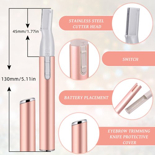 2 Pcs Electric Eyebrow Trimmer Women Precision Face Razors Mini Shaver Battery Operated Small Facial Hair Remover with Comb Personal Epilator for Face Neck Fuzz Lips Body Arms Leg (Gold, Light Pink)