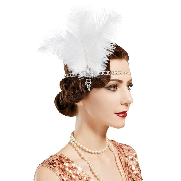 SWEETV 1920s Headpiece Crystal Rhinestone Hair Band, Roaring 20s Great Gatsby White Feather Flapper Headband