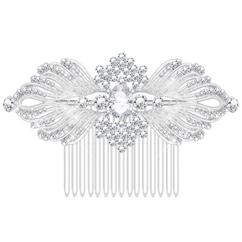 Women's Austrian Crystal Bride Wings Wedding Hair Comb Hair Accessories Art Deco Floral Bridal Side Combs Headpiece for Women, Brides Hair Accessories/Gift Box Silver 1