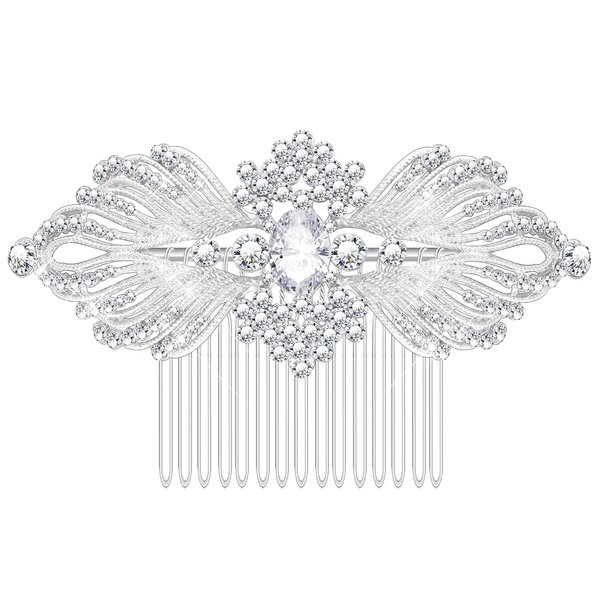 Women's Austrian Crystal Bride Wings Wedding Hair Comb Hair Accessories Art Deco Floral Bridal Side Combs Headpiece for Women, Brides Hair Accessories/Gift Box Silver 1