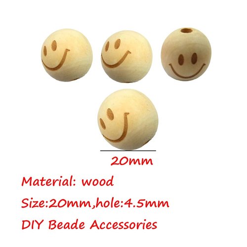 Alenybeby 50pcs 20mm Round Natural Wood Beads Laser Printing Smile face Beads Necklace Wooden Beads for Key Chain Jewelry Making (Smiley face 50pcs)