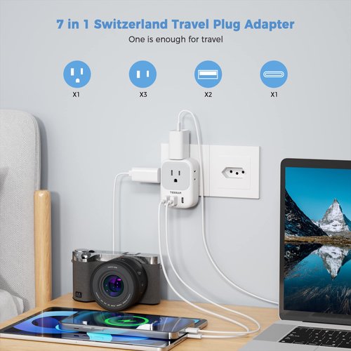 TESSAN Switzerland Power Adapter, Swiss Travel Adaptor with 4 American Outlets 3 USB Charger (1 USB C Port), Type J Plug for US to Switzerland Liechtenstein Rwanda
