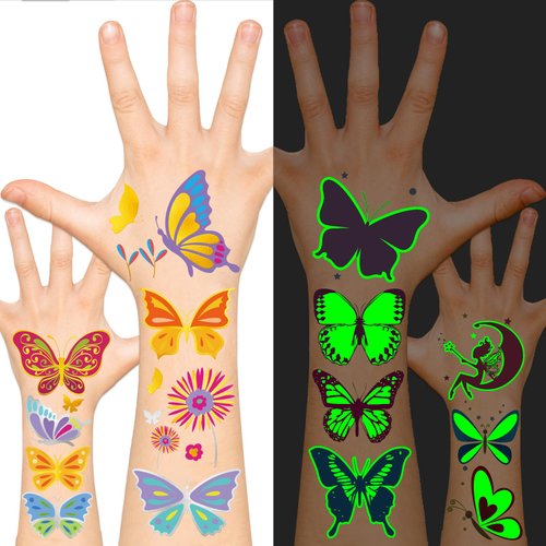 EMOME Glow + Metallic Temporary Tattoos for kids, Waterproof Pre-cut Tattoo Stickers, Birthday Girl Boy Party Favors Supplies Accessories (Butterfly)