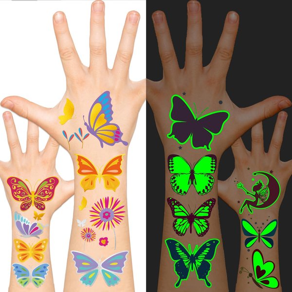 EMOME Glow + Metallic Temporary Tattoos for kids, Waterproof Pre-cut Tattoo Stickers, Birthday Girl Boy Party Favors Supplies Accessories (Butterfly)