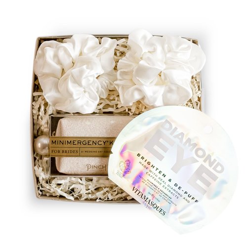 Generic Bride Gift Box - Bride to Be Gift Set for Bridal Shower, Engagement Party, Bachelorette Party, Wedding Shower - White Silk Sateen Hair Scrunchies, Diamond Eye Mask, Bride Emergancy Kit