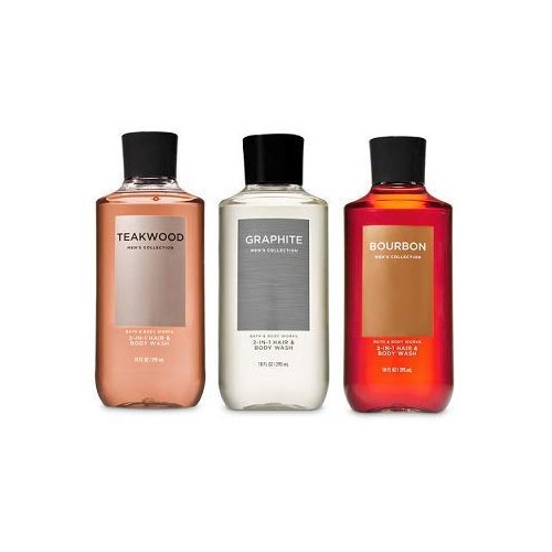 Bath and Body Works 3 Pack 2-in-1 Hair + Body Wash Teakwood, Graphite and Bourbon. 10 Oz.