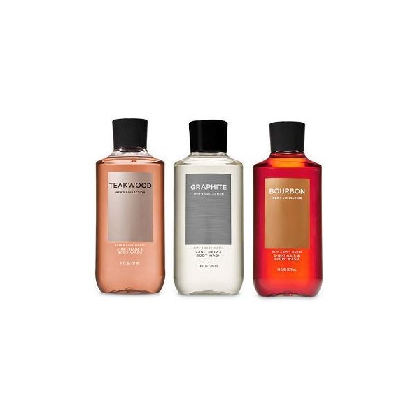Bath and Body Works 3 Pack 2-in-1 Hair + Body Wash Teakwood, Graphite and Bourbon. 10 Oz.