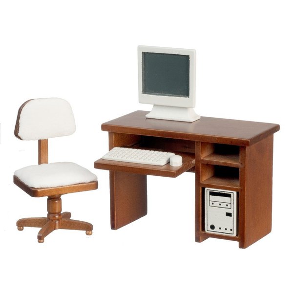 Melody Jane Dollhouse Walnut Computer Desk & Chair Miniature Study Office Furniture Set