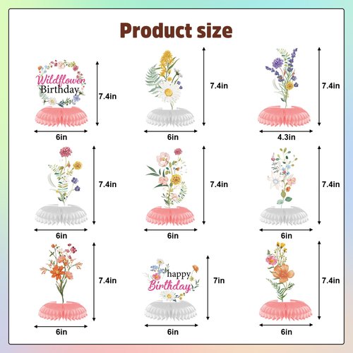 Rngmsi Flower Birthday Table Decorations - 9PCS Wildflower Birthday Party Decorations Spring Birthday Party Table Decor Supplies Floral Birthday Party Honeycomb Centerpiece Decorations for Girls Women