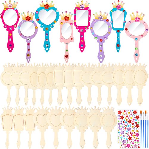 RoundFunny 24 Pack Wooden Mirror Craft for Girls DIY Decorate You Own Princess Mirrors Wooden Hand Mirror Small Mirrors for Crafts Paint Princess Party Decorations Birthday Supplies Favors