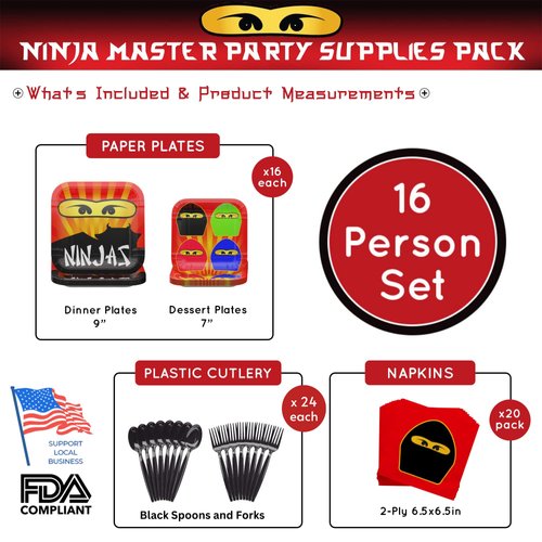 Ninja Master Party Supplies Packs (100 Pieces for 16 Guests) - Ninja Birthday Party, Ninja Party Supplies, Ninja Plates and Napkins, Ninja Themed Birthday, Spy Theme Party, Blue Orchards