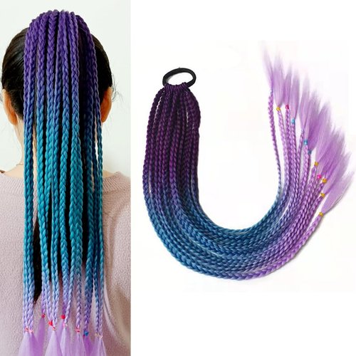 Girls Colored Ponytail Hair Extensions Accessories Kids Colorful Wigs Colored Braids Hair Extensions With Rubber Bands Blue Braided Ponytail Synthetic Hairpieces for Kids Crazy Hair Day Accessories