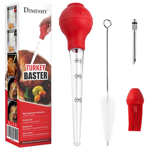 DIMESHY Turkey Baster Food Grade for Cooking & Basting, Detachable Round Bulb, Baster Cooking Good for Meat Poultry Beef Chicken, with Cleaning brush, inject needle, Basting brush(red)