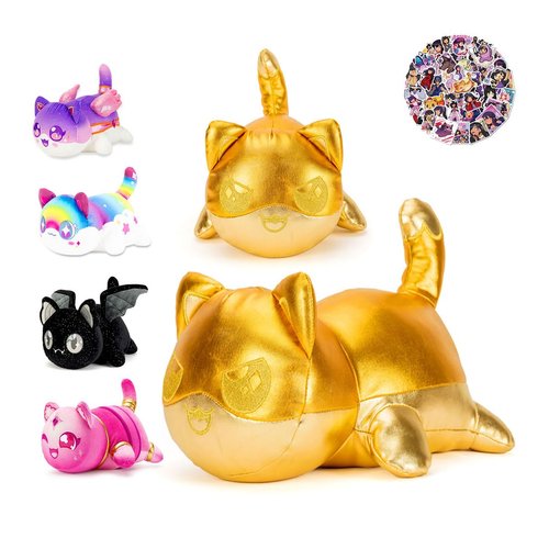 AOYINGMRWJ 61-PCS-Gold EIN Cat Plush +60-Stickers-Plush,Cat Plush Toys Blind Box Cat Plush Series-100% Polyester Embroidery Plush Pillow-Cute Popular Cat Plush Collectibles(Gold EIN Cat Plush)